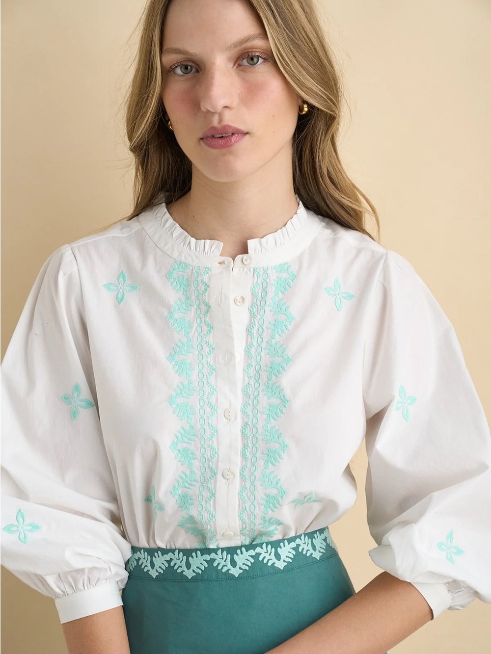 Woven Embroidered Cotton Blouse in White with Aqua Accents - Picture 3 of 3